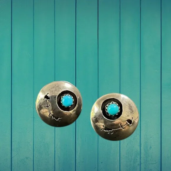 Vintage Native American Sterling Silver Turquoise Shadow Box Earrings - Picture 2 of 7